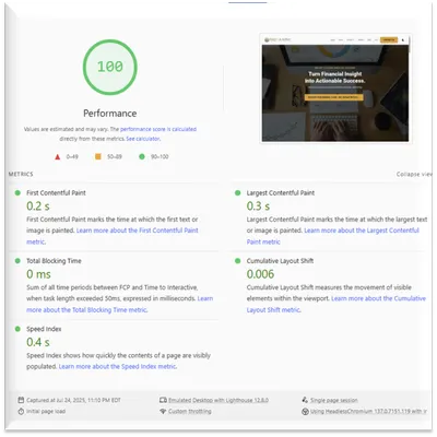 Alderwood Academy PageSpeed Insights mobile report showing 100/100 performance score